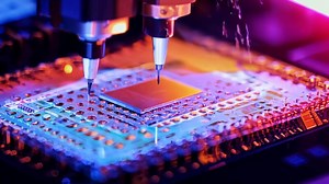 Microchip production printing processor CPU component AI memory storage microelectronics assembly semiconductor technology industry manufacturing computer circuit board equipment