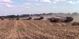 Five of John Deere's biggest combine the 400 bu. S690 harvest 60 rows of corn in one pass. -bigtractorpower-