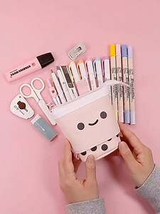 Cute Standing Pencil Case Pen Holder for Kids, Pop Up Stand UP Bubble Tea Pen Organizer Kawaii Stationary for Christmas Holiday New Year Office (Pink)