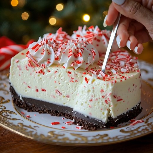 No-Bake Peppermint Cheesecake 🍫🎄🍬 This No-Bake Peppermint Cheesecake is the ultimate holiday dessert! With a crunchy chocolate cookie crust, creamy peppermint cheesecake filling, and crushed candy cane topping, it’s festive, rich, and perfectly refreshing. A delightful no-bake treat that’s sure to impress! Ingredients: For the crust: 24 chocolate sandwich cookies, crushed 5 tbsp unsalted butter, melted For the filling: 16 oz (450g) cream cheese, softened 1 cup powdered sugar 1 tsp peppermint 