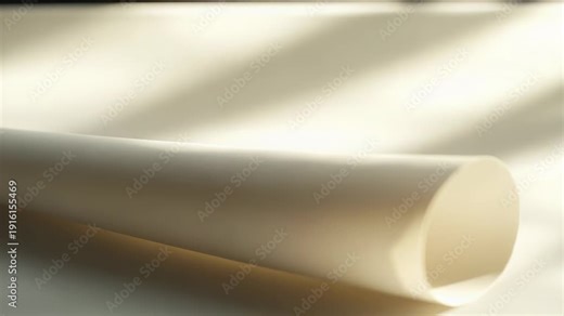 Rolled cream paper creating a natural light and shadow play across its surface, forming dynamic abstract shapes, texture, and elegant minimalist composition