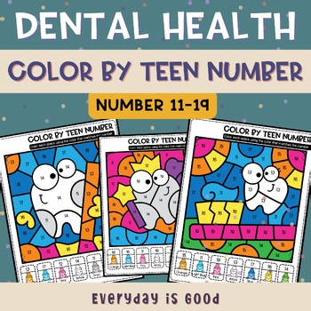Dental Health Color by Teen Number 11–19 | February Dental Health Month Activity
