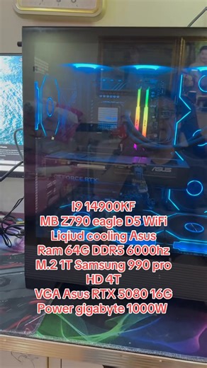 ម៉ាសុីនស្អាតspec កប់ មានធានា2ឆ្នាំជាង Core i9 14900KF MB Z790 Eagle Ax D5 WiFi Liqiud cooling Asus Fan 3 Ram 64G DDR5 6000hz M.2 1T Samsung 990pro HD 4T VGA RTX 5080 Asus Prime fan 3 Power gigabyte 1000W 80 Gold Case Asus Fan RGb Free mouse keyboard mouse pad Price 2200$ Monitor dell P3223QE 32inc 4K IPS 99% have box have 6month warranty Price 390$ | HYC Gaming Computer