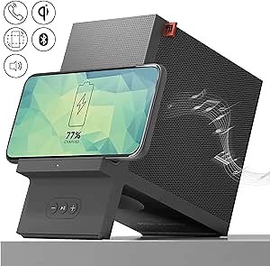 SHARPER IMAGE Wireless Qi Charging Dock with Bluetooth Speaker, Wirelessly Charge Compatible Devices, 10-Watt Fast Charger, Sleek Stand with Finish Protecting Coating, Ultimate Smartphone Accessory
