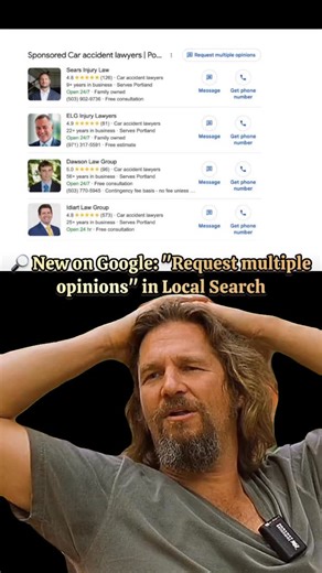 Google Ads Help on Instagram: "Everyone’s focused on Google rolling out AI Mode purchasing, where users can shop and buy without ever visiting a website. But there’s another shift happening quietly inside Google Local Services Ads that matters just as much. LSAs are testing a “Request multiple opinions” feature that lets users message multiple businesses at once directly from search results. I spotted this while optimizing a personal injury client. When someone searches “personal injury lawyer”