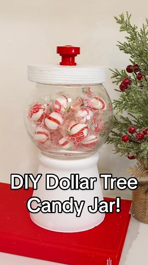 Super easy and fun DIY candy jar PERFECT for the holidays!! ❤️🎄 I filled mine with peppermints, but what would you fill yours with?! Comment below! #diyhomedecor #dollartreefinds #dollartreecrafts #dollartreediy #dollartreeobsessed #dollartreecommunity #dollartreehaul #dollartreechristmas #diychristmas #christmasdecor #christmasdiy #diychristmasdecor #christmascrafts