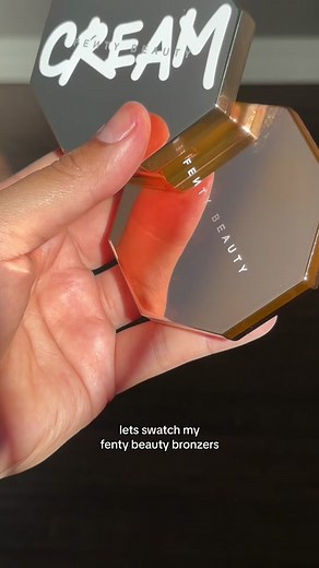 Lets swatch my @Fenty Beauty bronzers. Lemme know are you team cream bronzer or powder bronzer? Personally, I have to do both 🤭 Sun stalk’r powder bronzer in caramel cutie Cheeks out freestyle cream bronzer in teddy #fentybeauty #fentybeautybronzer #fentyeazedropstick #creambronzers #powderbronzers #makeupswatches