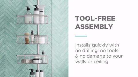 Zenna Home Tension Pole Shower Caddy, Corner Shower Storage System with 4 Adjustable Baskets, Bathroom Organization Solution, 60 to 108 Inch, Satin Nickel