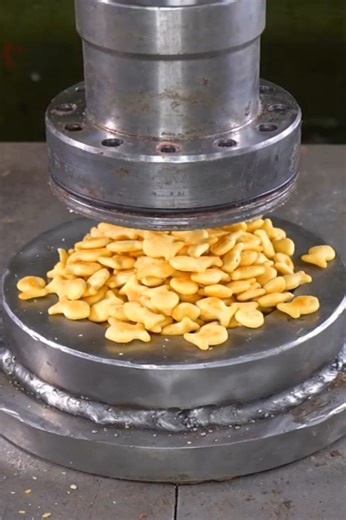 Zerkleinern von Goldfisch-Crackern mit einer hydraulischen Presse