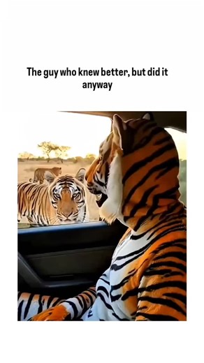 Candy Crush on Instagram: "This clip works because it exaggerates a very real pattern — then lets irony do the rest. On the surface, it’s absurd: a man dressed as a tiger inside a safari vehicle while lions approach, sniff, and circle with calm curiosity. The panic feels genuine, the setup feels reckless, and the reveal (that it’s AI-generated) only sharpens the joke instead of killing it. The humor lands in layers: Biological mismatch: Tigers don’t belong near lions — wrong continent, wrong soc