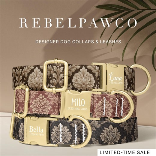 Boho Chic Dog Collar Personalized, Floral Dog Collar and Leash Set, Damask Print, Monochromatic, Luxury Dog Collar Designer, Fashion, HC84 - Etsy