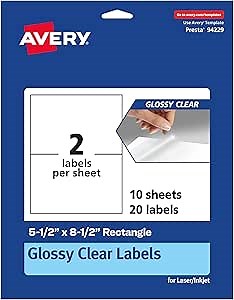 Avery Glossy Clear Rectangle Labels, 5.5" x 8.5" Clear Stickers, 20 Total, Laser/Inkjet Printable, Great for Product Merchandising, Weddings, and Mailing
