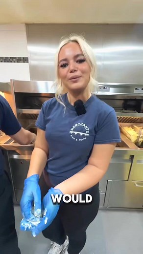 POV ordering & making a mushy pea fritter with our chip shop diva @Dest ~ Chippy Diva @MitchsPOV - #fishandchips #fish #Foodie #food #seafood | Merchants Fish & Chips