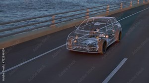 Animation of a generic electric car revealing the chassis with battery pack while driving along a bridge with wind turbines in background. Decarbonisation concept. High quality 3d rendering animation.