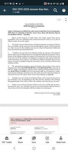 SSC SI In Sub inspector & CAPF paper 1 update tentative answer key||Notice out||subscribe please||🚨👍