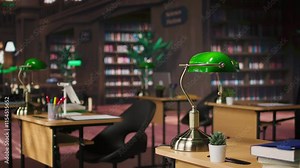 Empty heritage library filled with vintage decorations and refined wooden desks, lovely old fashioned green lamps. Calm intellectual space perfect for exploring research and scholarly pursuits.