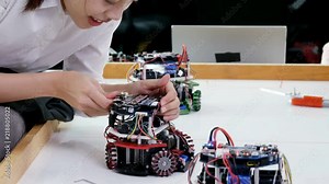 Electronics engineers working and testing mini robot in laboratory. Stock Video