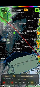 November 15, 2025 We have radar imagery of this afternoon’s thunderstorm that went through London. This was a result of warm front passing through our region that brought temperatures in low to mid teens. We have another snow squall threat on tap for tomorrow. Stay tuned for updates. | Ontario Storm Forecast Service