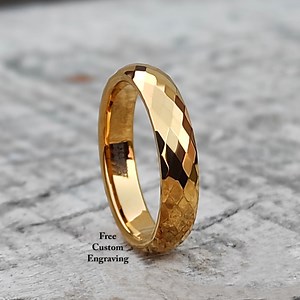 24k Gold Tungsten Wedding Band: Faceted High Polish Promise Ring - Etsy