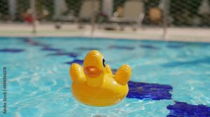 Rubber duck floating in the beautiful swimming pool. Camera panning around the cute yellow toy in the cristal clear water. Joyful and cheerful atmosphere. Time for play. Summer. Sunny day