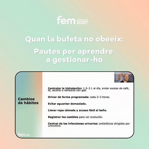 🚽 L'esclerosi múltiple pot comportar problemes de bufeta. Tot i ser un símptoma freqüent, sovint costa parlar-ne. En l'última sessió informativa, el Dr. Roger Meza va oferir consells pràctics, tractaments i estratègies per mitigar les alteracions de la bufeta. 💬 I a tu, què et funciona? Comparteix-ho amb nosaltres! ▶️ https://www.fem.es/recurs/sessio-informativa-quan-la-bufeta-no-obeeix/ #EM #EsclerosiMúltiple | Fundació Esclerosi Múltiple