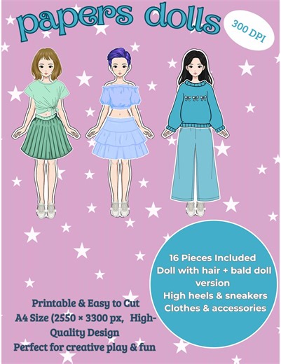 Printable Paper Doll Dress up Set – 16 Pieces – A4 PDF & PNG – Cut and Play – Digital Download - Etsy