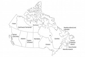 Map of Canada divided into 10 provinces and 3 territories....