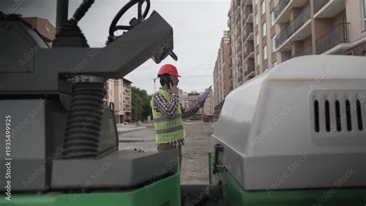 Construction engineer in safety vest and helmet talks on phone while reviewing blueprints and calculations. He stands near heavy machinery at construction site, inspecting residential building project