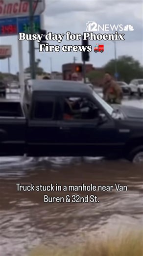 39K views · 375 reactions | ️ It’s been a busy day for our crews as storms move through Phoenix. Firefighters assisted in safely dislodging a truck that became stuck in a manhole near Van Buren and 32nd Street. Please remember, never drive through flooded roadways. Turn around, don’t drown. Stay safe, Phoenix! (: 12 News) | Phoenix Fire Department | Facebook