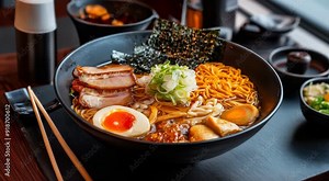 Traditional Japanese food Ramen with miso broth. The bowl includes noodles, pork slices, seaweed, green onions, a soft-boiled egg, and bamboo shoots.