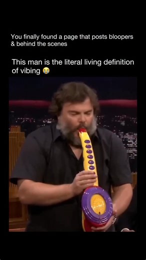 Bloopers & Behind The Scenes on Instagram: "Jack Black is also known for turning simple props into comedy moments, including his famously exaggerated use of a toy saxophone. He’s often used it in interviews, performances, and skits to parody serious musicianship while still showing real musical talent underneath the joke. The humor comes from the contrast—playing a childlike instrument with total confidence and intensity—something Black has mastered throughout his career. It fits perfectly with 