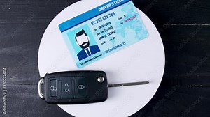 Driving license and car key on dark wooden background, top view