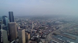 Aerial view of Seattle city downtown in Washington state. Skyscrapers of Seattle from drone view.