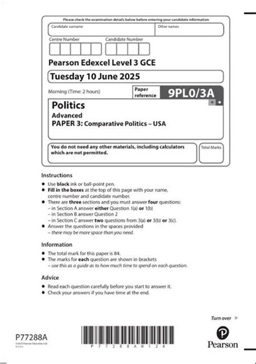 2025 Pearson Edexcel A Level Politics Paper 3 and Mark Scheme Combined 9pl0 3a