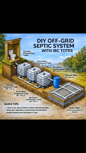 DIY Off-Grid Septic System with IBC Totes❤️ This diagram shows a simple off-grid septic system built using IBC totes for step-by-step wastewater treatment. Waste first flows from the composting toilet into the primary treatment tank, where solids begin to settle. It then moves into the secondary treatment tank for further breakdown, followed by an aeration/clarification tank to improve water quality. After treatment, the effluent passes through a filter barrel and finally into the drain field, w