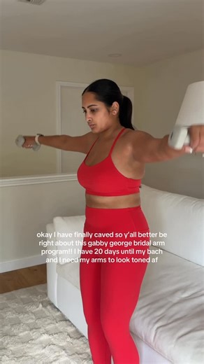 Sonali Prabhu on Instagram: "Officially starting the program today and posting this so y’all keep me accountable 😅 going to do the Gabby George bridal arm program on top of my cardio & strength training workouts so hopefully this is the boost that I need to get those snatched arms😌😍 • • • #bridalarmsworkout #ggstudio #gabbygeorgearms #bridalprep #armworkoutathome"