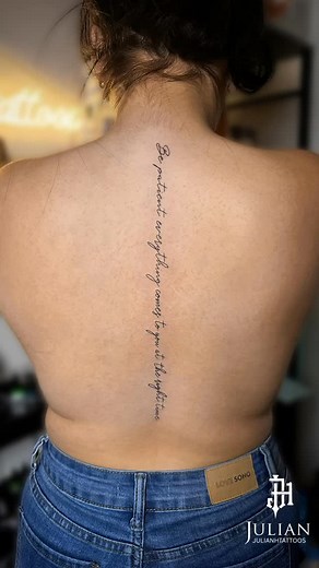 Elegant fine line script running all along the spine. Simple, meaningful, and beautifully done✨ #finelinetattoo #spinetattoo #scriptattoo #delicatetattoos #tattooartist #tattooart #minimaltattoo #eleganttattoo #tattoolettering #inked #tattoolife #tattooing #blackink #tattooartistlife #cleanlines | Julianhtattoos