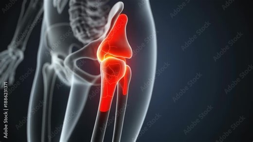 Medical visualization of human hip joint pain highlighting inflamed femur and pelvis on transparent skeletal body.