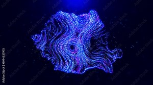 Abstract motion view Romania map design, featuring glowing blue hairlines, dynamic flowing patterns, and scattered bokeh dot particles, creating a tech-inspired and modern digital aesthetic