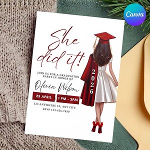 She Did It Graduation Invitation Template, Graduation Party Invitation for Her, Pink Grad Party College High School Graduate, Canva Editable - Etsy