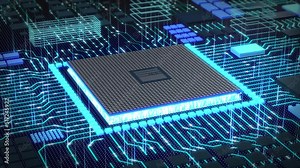 Futuristic technology CPU GPU circuit board animation. Camera moving over chip with emerging above electronic circuit board. Virtual Reality, abstract global security and technology concepts.
