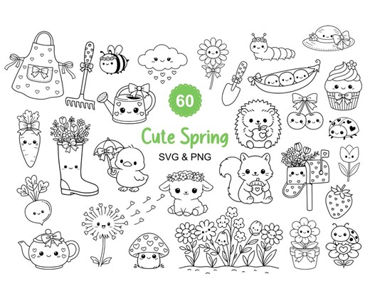 60 Cute Spring SVG PNG | Cute Spring Clipart | Cute Spring Doodles | Spring Illustration | Kawaii Spring| Spring Line Art Digital Download - Etsy