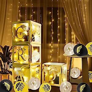 2023 Graduation Balloon Boxes Decorations, Graduation Decorations Class of 2023 Include 4Pcs Black and Gold Grad Boxes Come with GRAD and Class of 2023 Signs Party Supplies