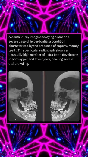 A Dental X-Ray Image Displaying a Rare and Severe Case of Hyperdontia, a Condition Characterized by…
