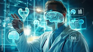 Doctor using futuristic holographic interface to examine brain anatomy. Exploring the frontiers of medical technology.