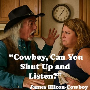 I was telling my wife something while she was talking and she told me to shut up and listen and I told her that sounded like a good song. so here it is. “Cowboy, Can You Shut Up and Listen?” ― James Hilton-Cowboy/AI-assisted | Cowboy's-just for fun