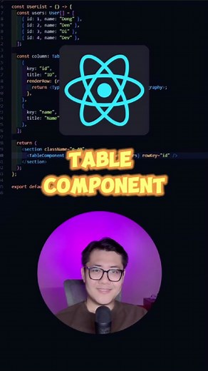 Trả lời @Bluedot99 phần cuối chính là cách ta áp dụng table component trong ReactJs mà ta nâng cấp bằng typesript nhé 😌 #code #coding #react #lernontiktok #fyp #fyf #dongdendidev