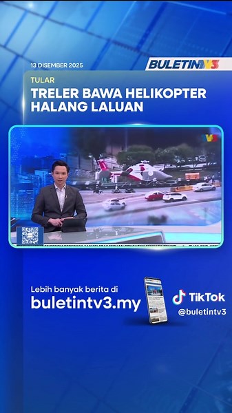 Polis sedang menyiasat video tular memaparkan sebuah lori treler membawa muatan helikopter yang menghalang laluan kenderaan awam. #BuletinTV3 #Polis #Tular #Helikopter