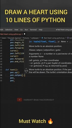 How to Impress a Girl using python 😍🔥 Draw a heart ❤️ using turtle #shorts #python