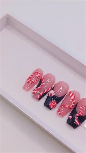Peppermint Candy Cane Press on Nails | Black French Tip Gel Nail Set - Etsy